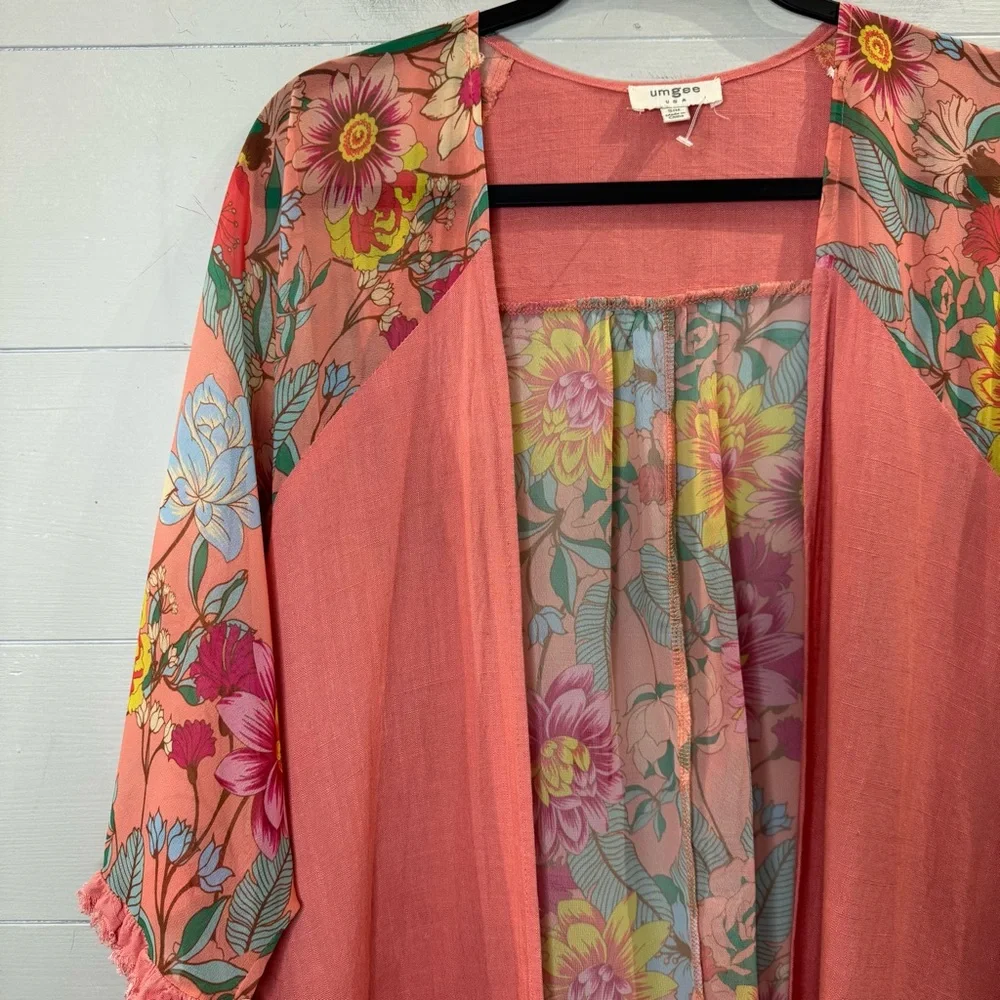 Umgee Coral Floral Kimono Duster Fringe Trim Boho Cardigan Size Small / Medium - Picture 5 of 13